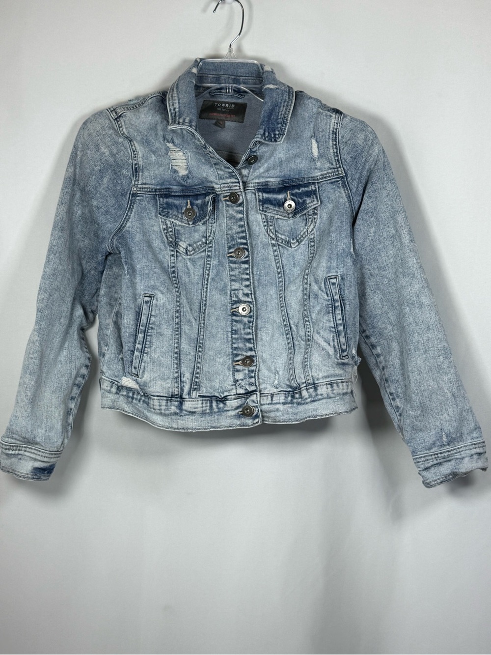 torrid Denim Jacket Size 00 Distressed Light Wash Stretch Jean Jacket